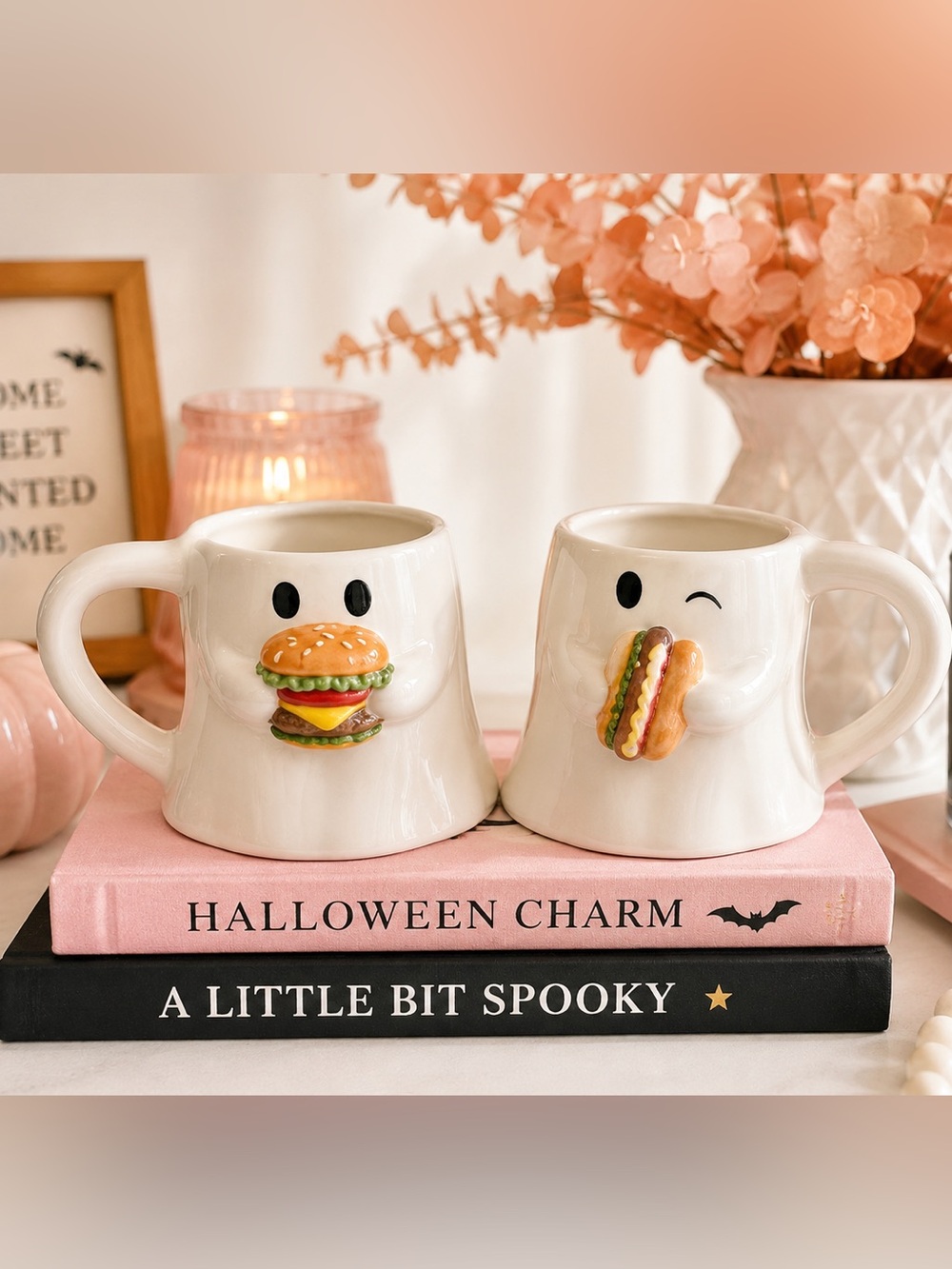 Viral Halloween Fast Food Ghost Holding Burger and Taco Set Mugs (Set of 2)